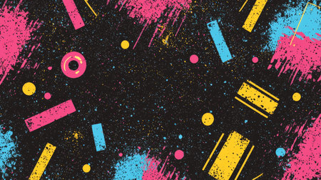 Bright paint splashes and sharp geometric patterns collide on a dark backdrop, creating a lively,...