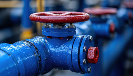A vivid blue industrial pipe featuring a striking red valve lever, set against a busy factory...