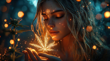 A mystical woman in a dark setting holds a luminous leaf, encircled by twinkling holiday lights and...