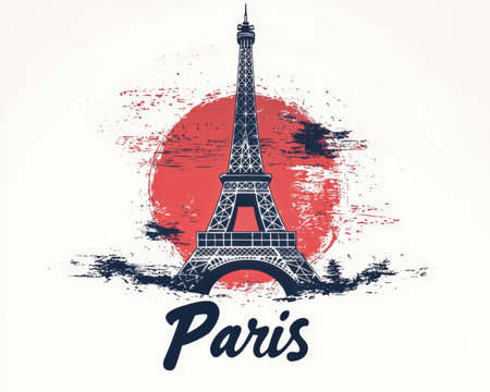 A vibrant, artistic depiction of Paris's iconic landmark silhouetted against a glowing crimson sky,...
