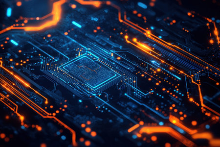 Complex neon-lit pathways intertwine across a sleek microchip, emitting vibrant blue and orange...