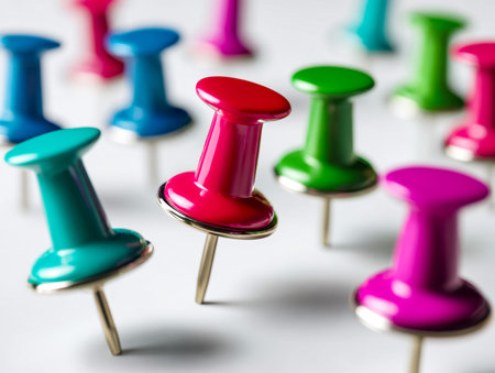 An eye-catching assembly of vibrant push pins creates an artistic design against a clean white backdrop, inspiring creativity and organization in a playful way.の写真素材