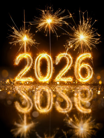 Tons of vibrant fireworks burst across the night sky, illuminating festive crowds below as shimmering lights reflect joyful anticipation for the cominの写真素材