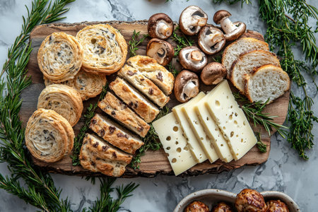 A cozy composition featuring aromatic cheeses, crisp sliced bread, earthy mushrooms, and warm baked...