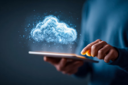 A user interacts with a device as a luminous data cloud hovers above, embodying futuristic...