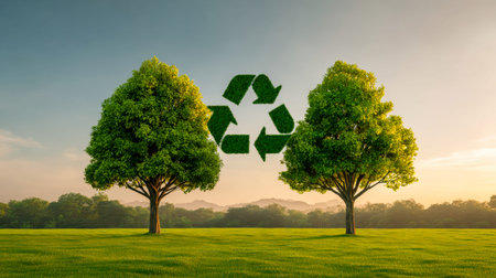 A lush green landscape features two thriving trees framing a universal symbol for reuse, emphasizing harmony with nature and eco-conscious living.の写真素材