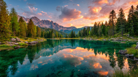 Tranquil waters mirror a fiery sunset, framed by dense pine forests and jagged rocks, evoking a sense of calm and untouched natural beauty.の写真素材