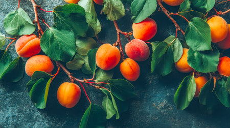 Vibrant apricots nestled among lush green leaves create a striking contrast on a deep, moody surface, evoking freshness and natural elegance.の写真素材