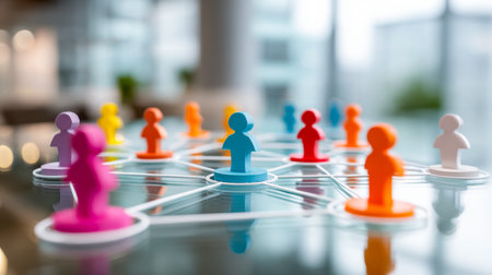 Vibrant multicolored figures linked together in a dynamic web, illustrating unity, cooperation, and...