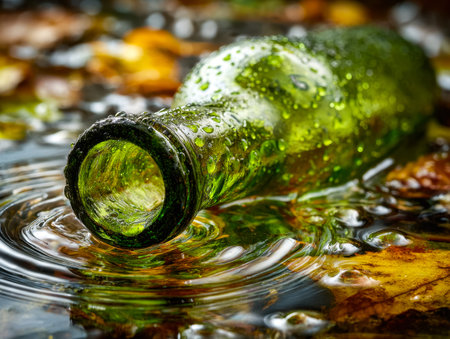 A solitary glass vessel rests partially submerged amidst golden-brown foliage, capturing the quiet serenity of a seasonal woodland stream's gentle flow.の写真素材