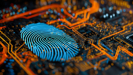 A glowing, intricate tech surface features a distinct fingertip pattern, representing identity...