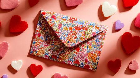 A lively array of blooming flowers forms a charming envelope, embraced by cheerful hearts in various...