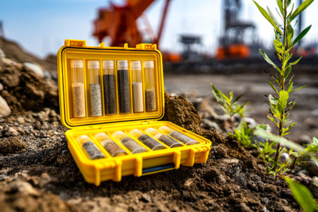 A technician organizing tools and samples at a construction site, preparing to analyze soil quality...