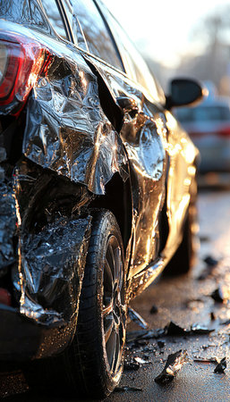 A heavily battered vehicle with distorted panels and broken glass, captured in stark detail, evoking...