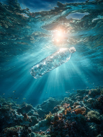 A clear plastic container drifts above a colorful coral landscape, its surface sparkling as sunlight...