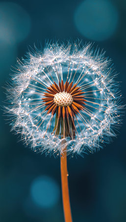 Delicately detailed dandelion puff illuminated by light, with shimmering seeds floating against a...