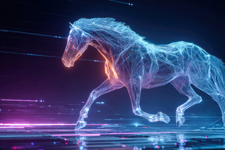 A sleek, high-tech horse sculpture illuminated by vibrant neon contours, captured in a blur of motion that evokes speed, energy, and modern innovation.の写真素材