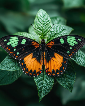 A colorful butterfly with vivid wing patterns gently perches on lush green foliage amid a serene, sunlit woodland scene.の写真素材