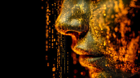 A luminous, pixel-inspired portrait accentuates facial features through vibrant glow effects,...