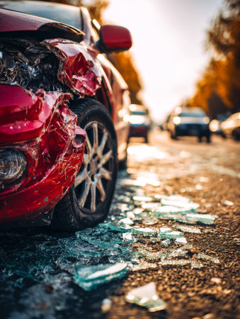 A crimson vehicle shows extensive damage amid broken fragments scattered across the pavement,...