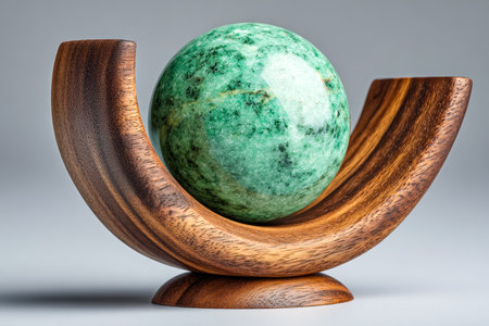 A vibrant green marble orb nestled within a handcrafted wooden cradle, evoking elegance and natural harmony in a minimalist artistic setup.の写真素材