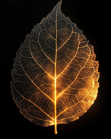 A softly glowing, fragile leaf display reveals an elaborate network of veins, creating a striking contrast against a dark, minimalist backdrop.の写真素材