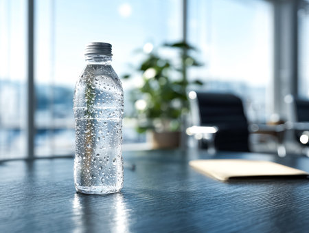 A sleek plastic bottle of crisp water stands amidst a tidy workspace, evoking a sense of clarity and refreshment in a contemporary office setting.の写真素材