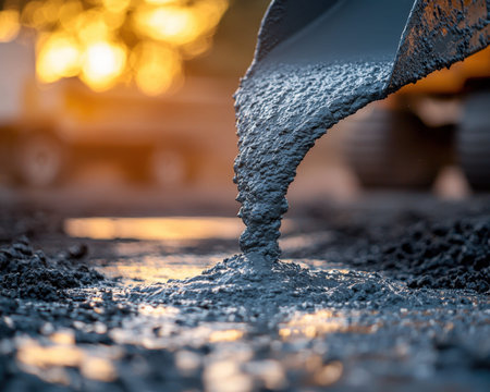 Warm sunset glows illuminate a pouring process as liquid concrete cascades into formwork, capturing the essence of early-stage building craftsmanship.の写真素材