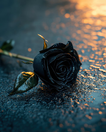 A moody velvet-black blossom adorned with shimmering droplets rests on a rugged dark background, bathed in a gentle, amber glow that highlights its inの写真素材