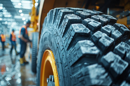 Heavy-duty rubber wheel featuring deep, aggressive treads rests amidst factory machinery, conveying strength and durability in an industrial environmeの写真素材