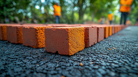 A detailed view of newly placed bricks on a weathered asphalt layer, capturing the texture and early-stage construction in an outdoor setting.の写真素材