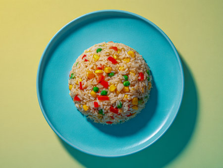 A vibrant medley of diced vegetables and steamed rice artfully arranged on a vivid blue dish, exuding freshness and appetizing appeal.の写真素材