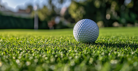 A detailed shot of a pristine white golf ball resting on lush green grass, with towering trees creating a serene backdrop for focus and precision.の写真素材