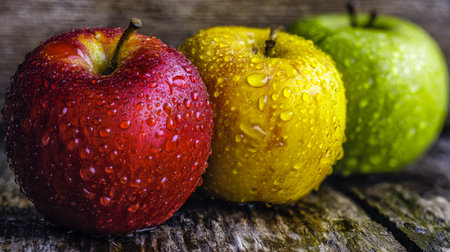 Juicy, dew-laden apples in vibrant hues rest on aged wood, capturing a rustic charm and fresh appeal perfect for farm-to-table themes or organic produce displays.の写真素材