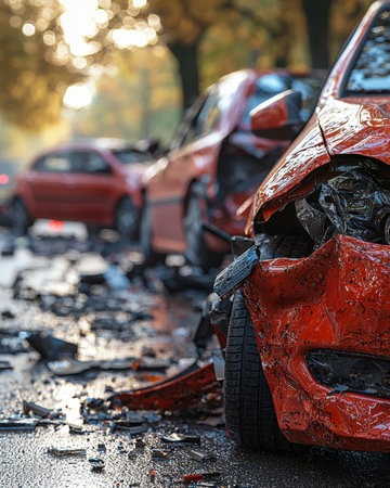 Rain-soaked scene of wrecked crimson vehicles tangled amidst scattered fragments, evoking chaos and urgency on a slick, stormy highway.の写真素材