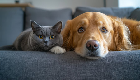 A serene scene featuring a gray feline and a golden retriever curled up in harmony on a cozy sofa, radiating peaceful companionship.の写真素材