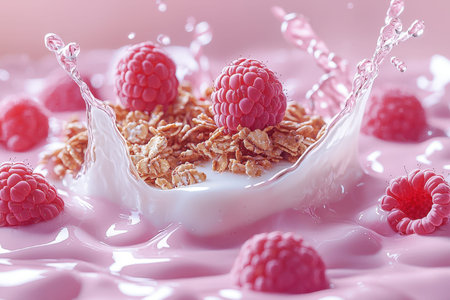 Crunchy granola mixed with vibrant raspberries and a splash of milk creates a colorful, inviting...