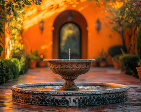 A graceful stone fountain centers a lively courtyard, surrounded by thriving potted greenery, bathed in the golden hues of evening twilight.の写真素材
