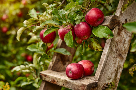 Vibrant, sun-kissed apples cascade from a rustic ladder nestled among lush orchard trees, evoking seasonal abundance and nature's fruitful bounty.の写真素材