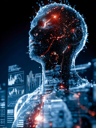 A sleek, high-tech portrait of a human silhouette infused with vibrant data streams and luminous...