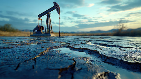 A solitary pumpjack drills into parched earth beneath a vivid sunset sky, evoking resilience amid desolation and the pursuit of relentless energy.の写真素材