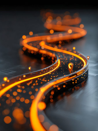 A vibrant, futuristic composition showing a luminous, twisting fiber optic strand streaked with...
