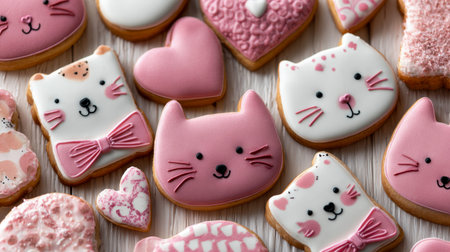 An adorable selection of cat and heart-shaped treats decorated with pink and white icing, artfully...