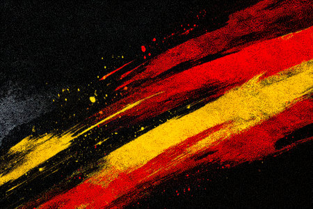 Bold, expressive streaks of black, crimson, and gold swirl across the canvas, evoking a sense of...