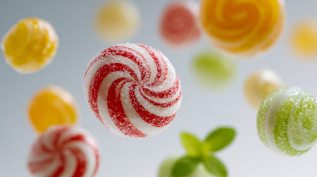 Bright, glossy candies with swirling patterns drift gently alongside fresh mint leaves, creating a...
