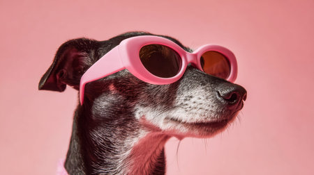 A cheerful canine sports trendy blush-toned shades, radiating joy and charm as it relaxes against a...