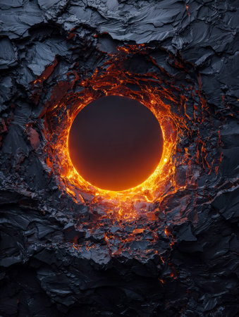 Fiery molten rivers illuminated jagged obsidian terrain within a towering volcanic caldera,...