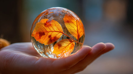 A delicate hand cradles a clear glass orb that reflects vibrant fall foliage, bathed in gentle...