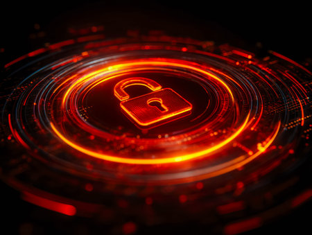A sleek, glowing emblem featuring a padlock integrated with circuit patterns, exuding high-tech...