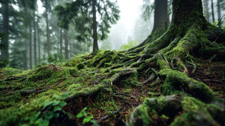 Enigmatic forest floor where ancient roots entwine beneath a veil of dense fog, conjuring an...